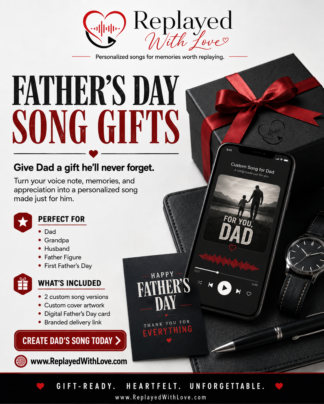 Replayed With Love — Father's Day Song Gifts flyer featuring a custom song player and gift box